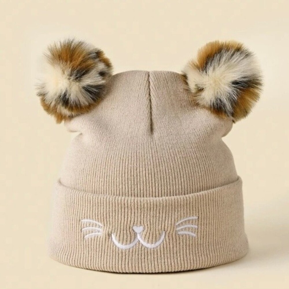 Kitty beanie tan with pompoms cat hat warm hat